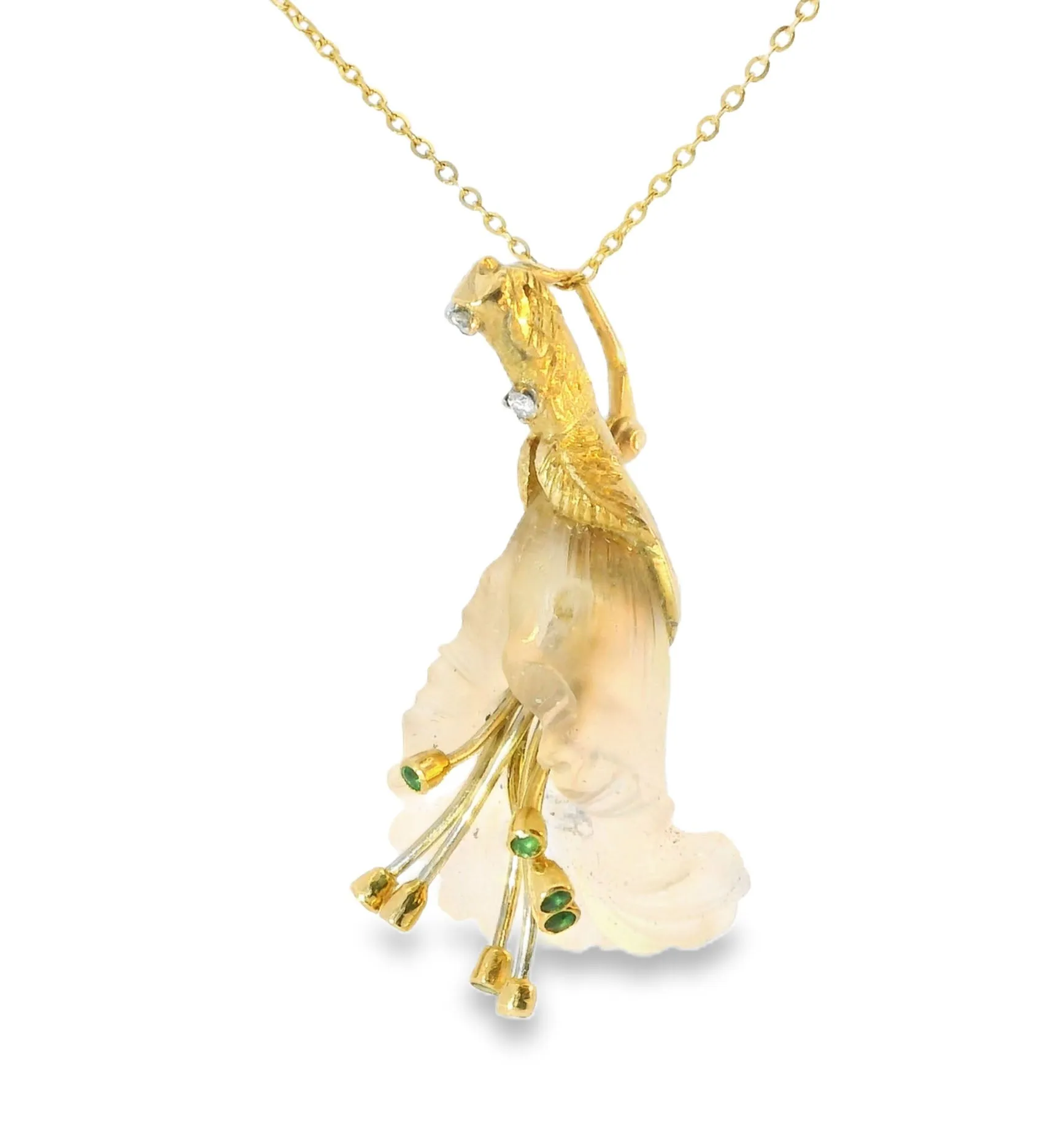 Gorgeous Estate 18K Yellow Gold Diamond Emerald Floral Pendant Necklace Slide