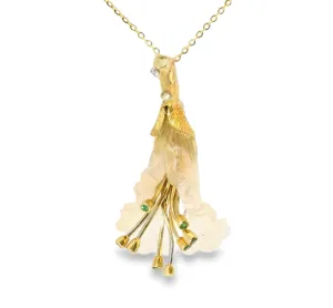 Gorgeous Estate 18K Yellow Gold Diamond Emerald Floral Pendant Necklace Slide