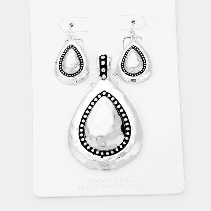 Hammered Teardrop Pendant Earrings Set