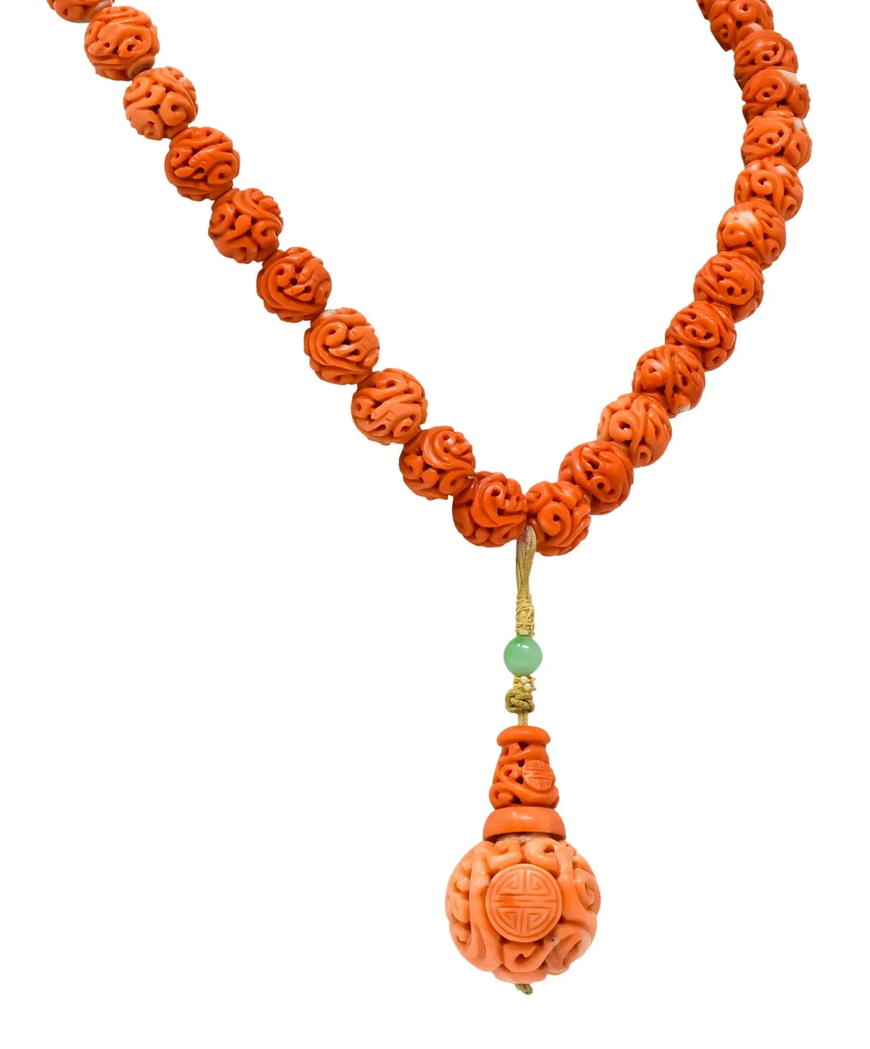 Intricate Victorian Carved Coral Jade Seed Pearl Silk Dragon Drop Necklace