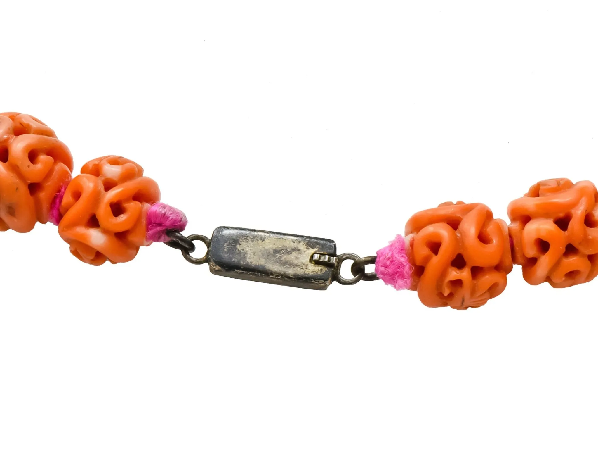 Intricate Victorian Carved Coral Jade Seed Pearl Silk Dragon Drop Necklace