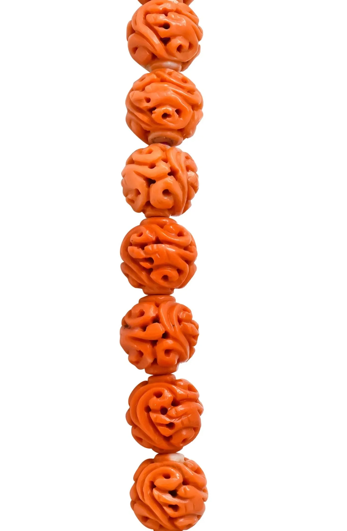 Intricate Victorian Carved Coral Jade Seed Pearl Silk Dragon Drop Necklace