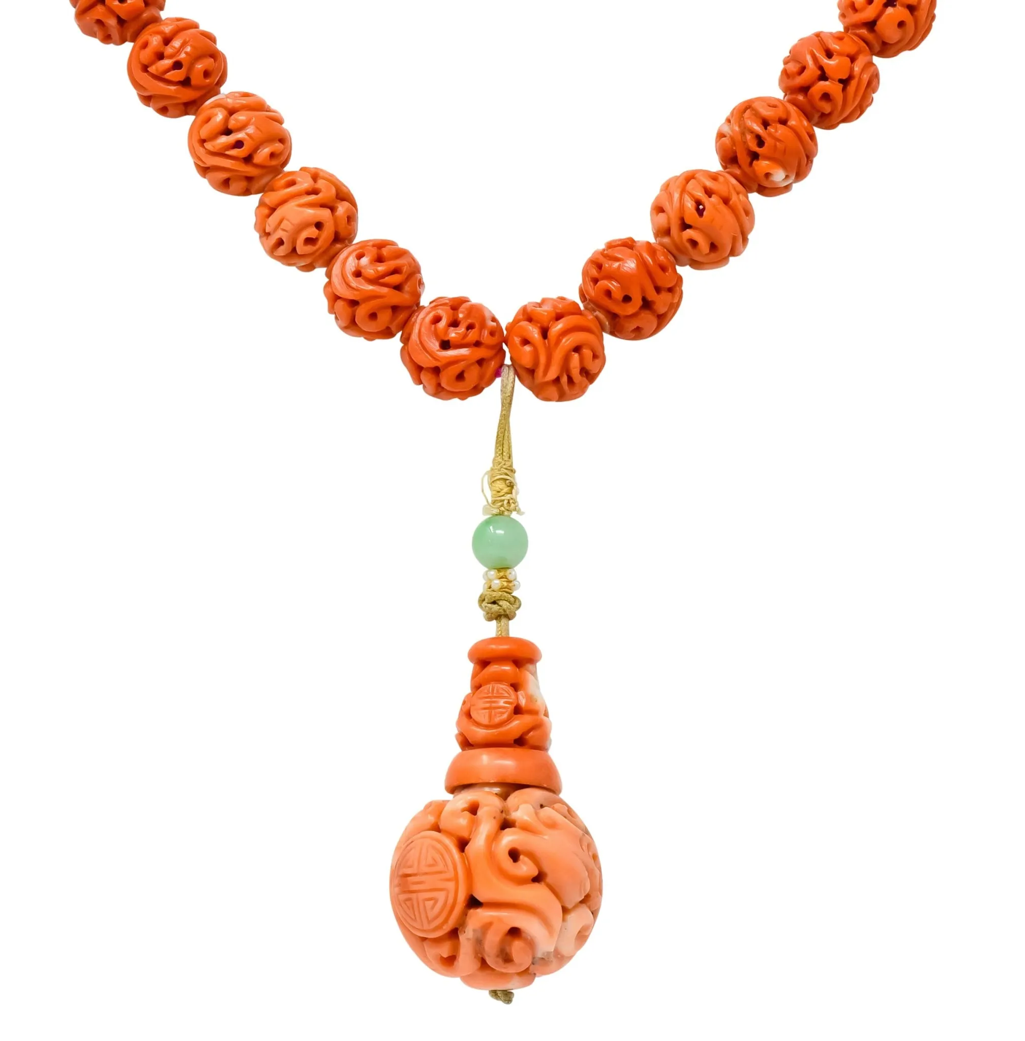 Intricate Victorian Carved Coral Jade Seed Pearl Silk Dragon Drop Necklace