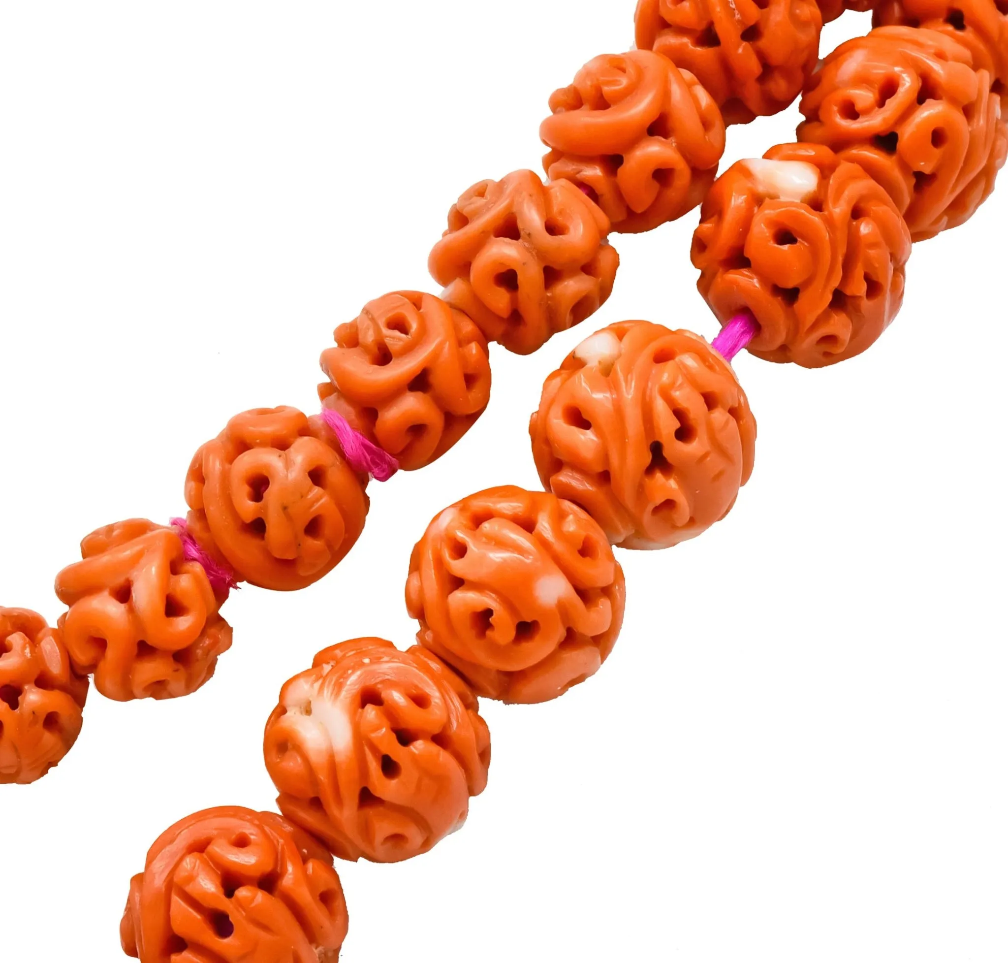 Intricate Victorian Carved Coral Jade Seed Pearl Silk Dragon Drop Necklace