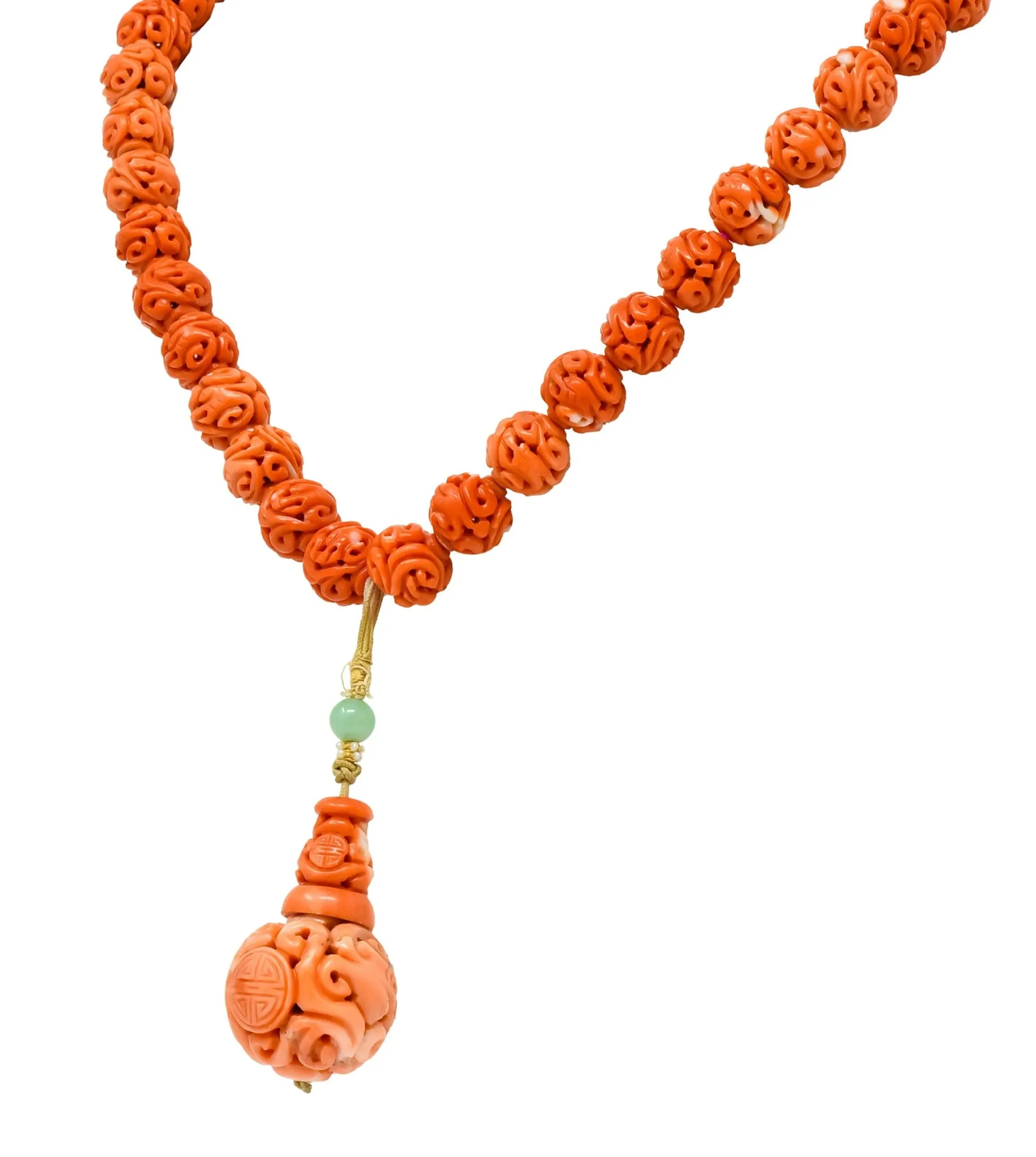 Intricate Victorian Carved Coral Jade Seed Pearl Silk Dragon Drop Necklace
