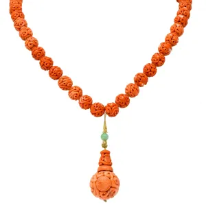 Intricate Victorian Carved Coral Jade Seed Pearl Silk Dragon Drop Necklace