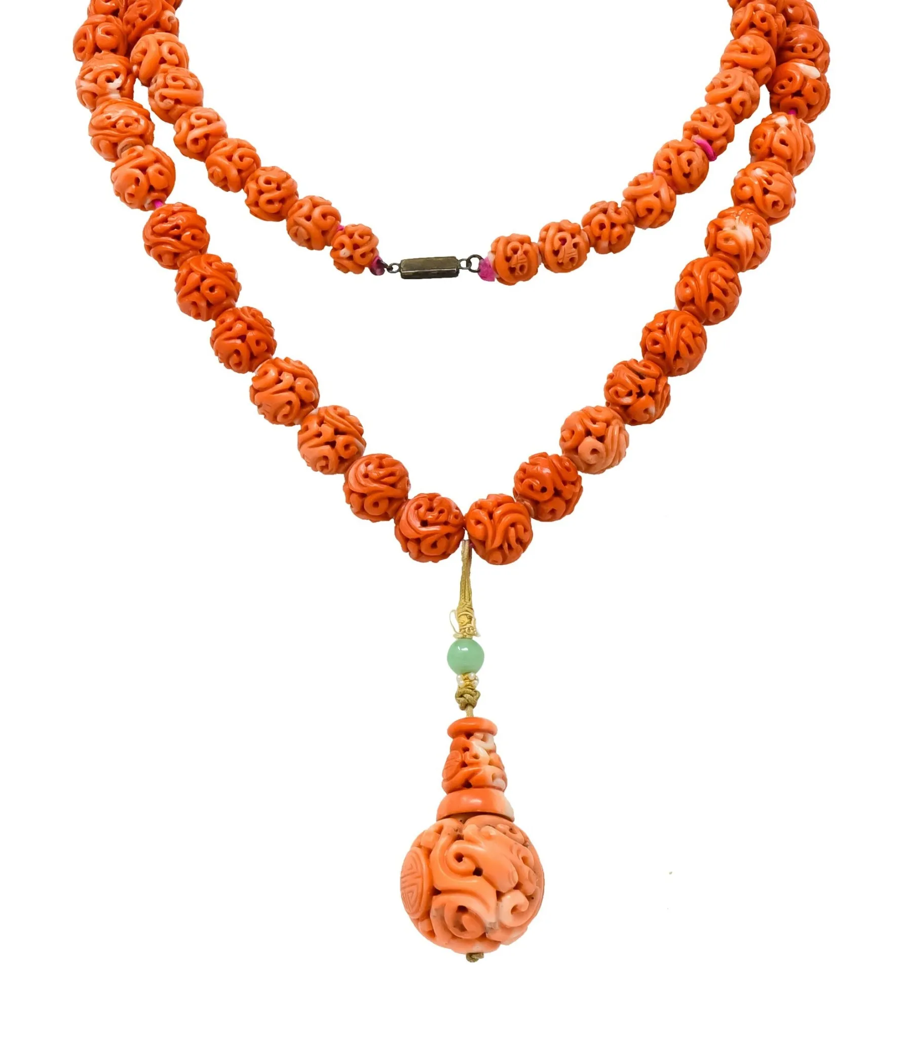 Intricate Victorian Carved Coral Jade Seed Pearl Silk Dragon Drop Necklace