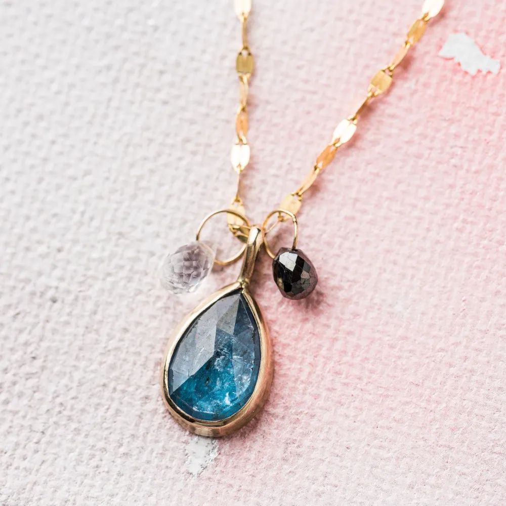 Kyanite Pear Necklace with Moonstone and Black Diamond in 14k Gold
