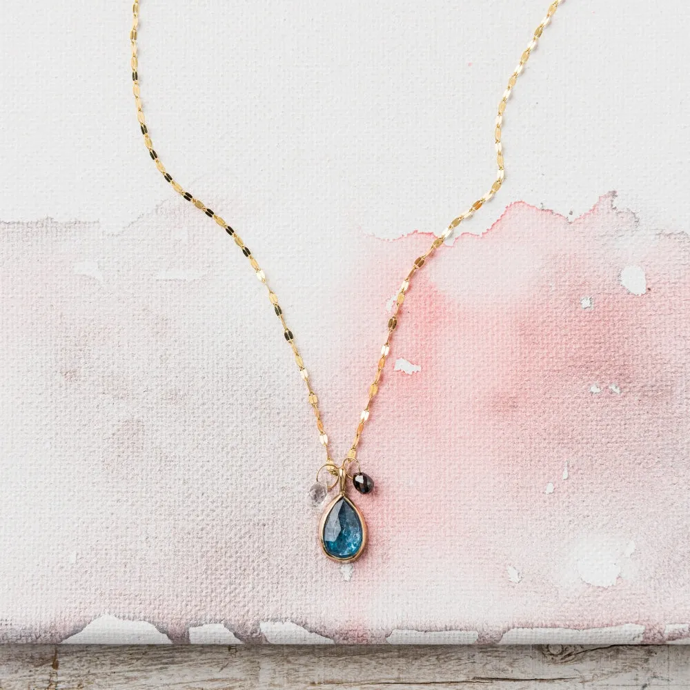 Kyanite Pear Necklace with Moonstone and Black Diamond in 14k Gold