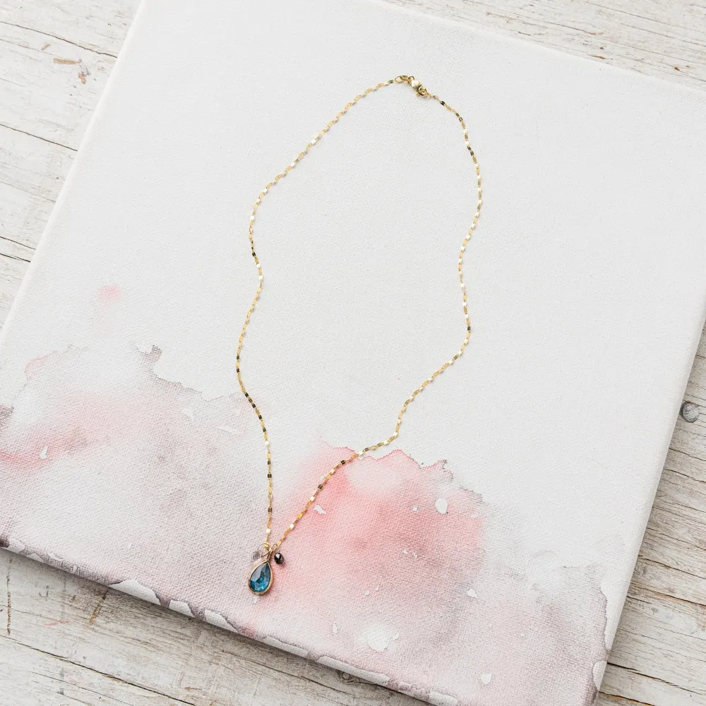 Kyanite Pear Necklace with Moonstone and Black Diamond in 14k Gold