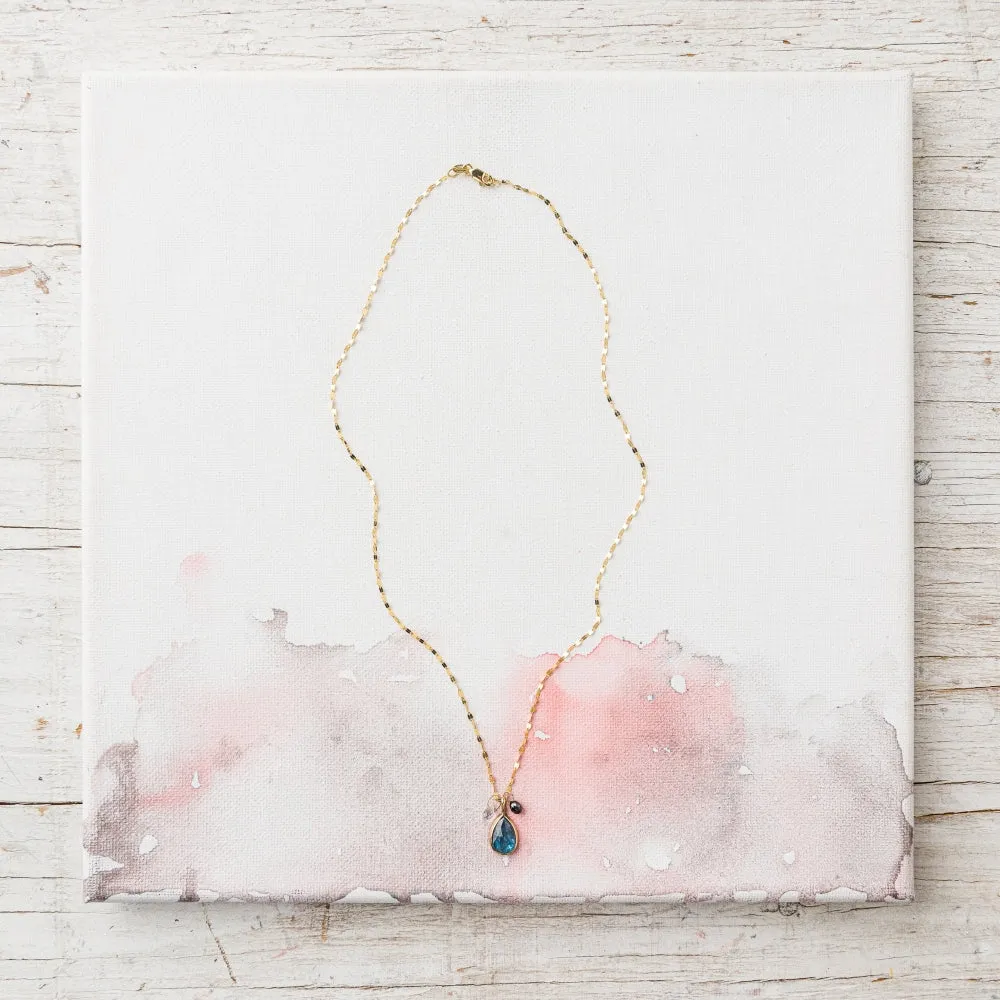 Kyanite Pear Necklace with Moonstone and Black Diamond in 14k Gold