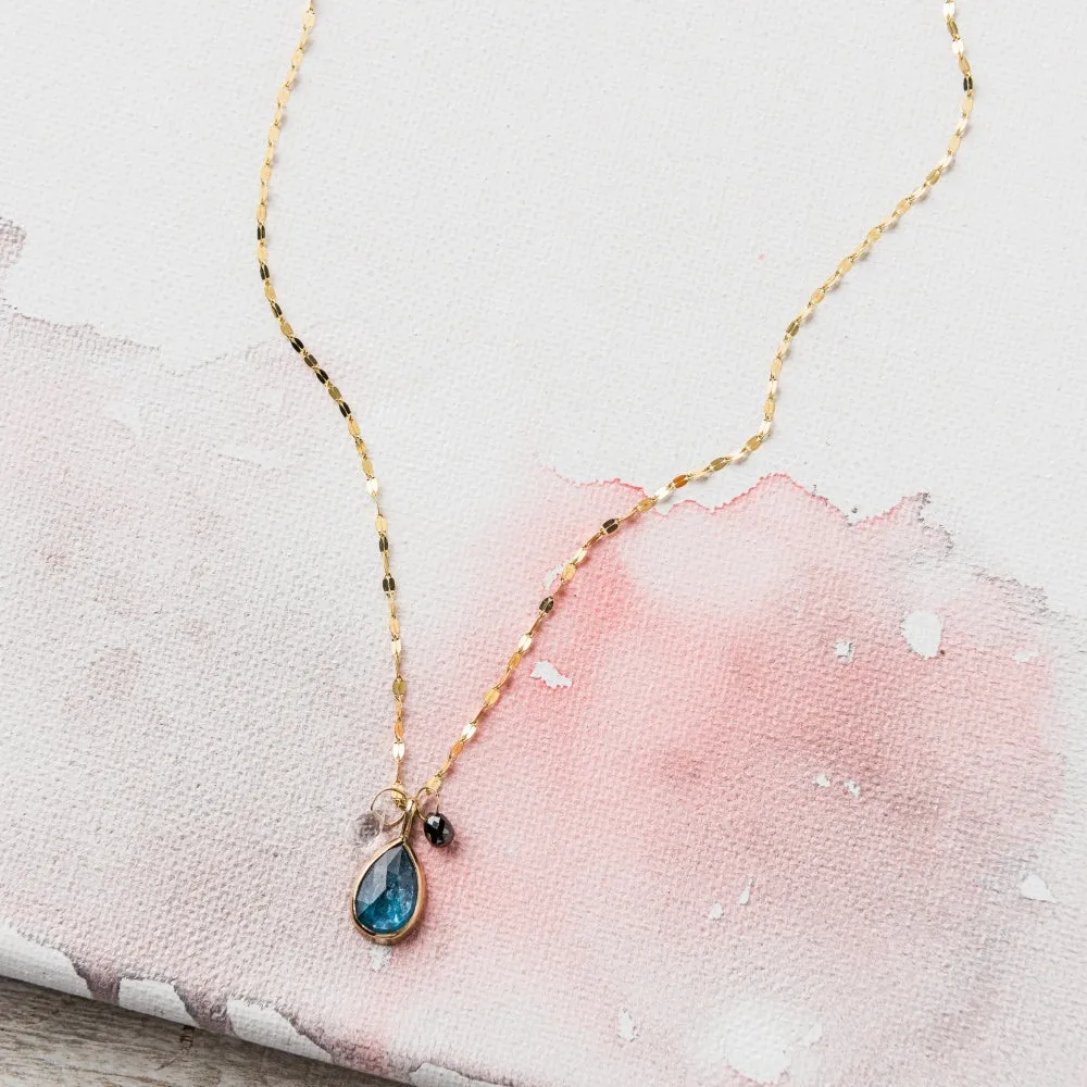 Kyanite Pear Necklace with Moonstone and Black Diamond in 14k Gold