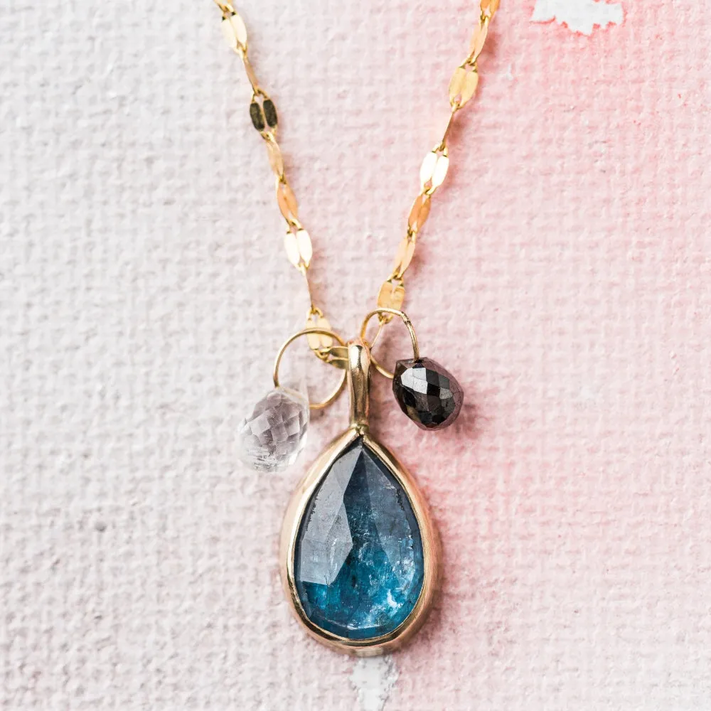 Kyanite Pear Necklace with Moonstone and Black Diamond in 14k Gold