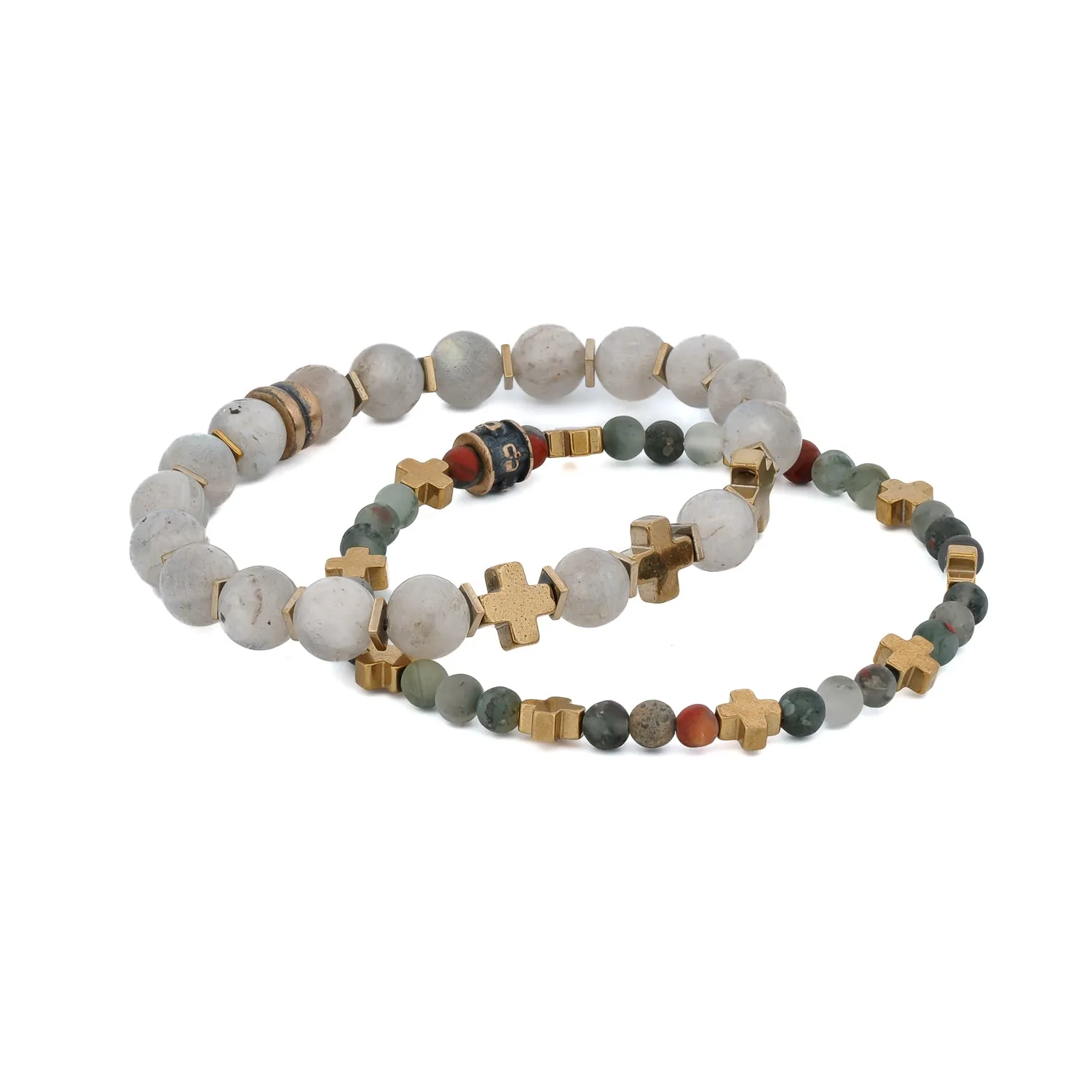 Labradorite & African Bloodstone Gold Cross Beaded Bracelet Set