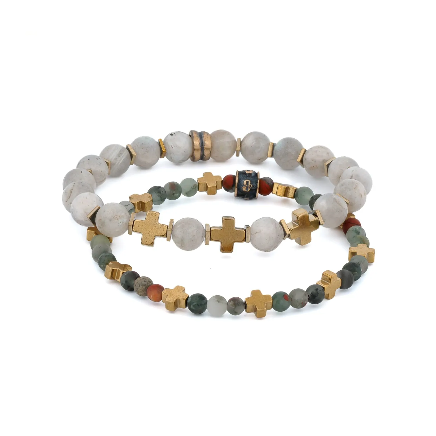 Labradorite & African Bloodstone Gold Cross Beaded Bracelet Set