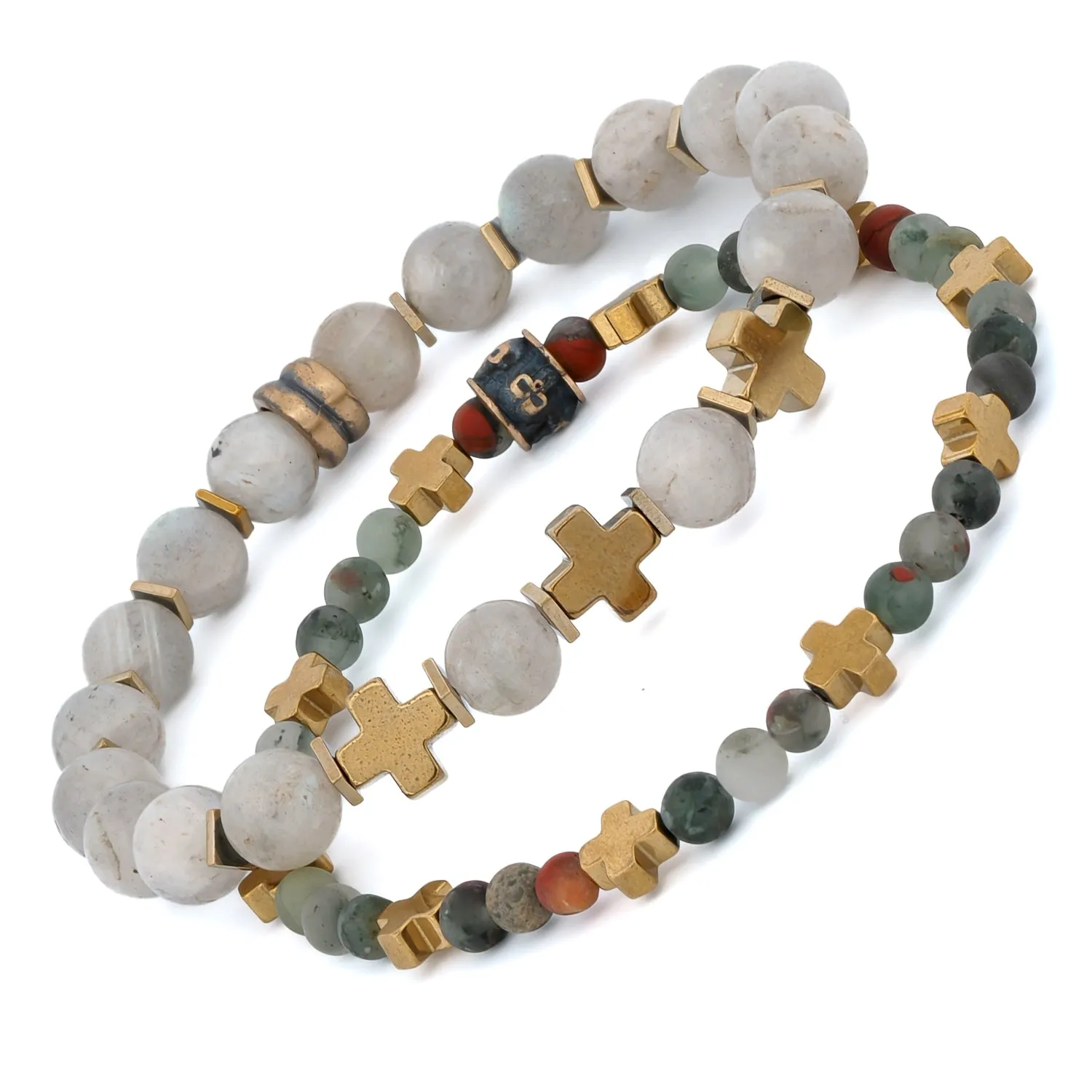 Labradorite & African Bloodstone Gold Cross Beaded Bracelet Set