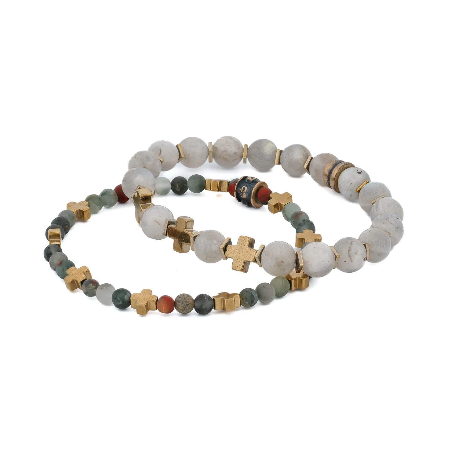 Labradorite & African Bloodstone Gold Cross Beaded Bracelet Set