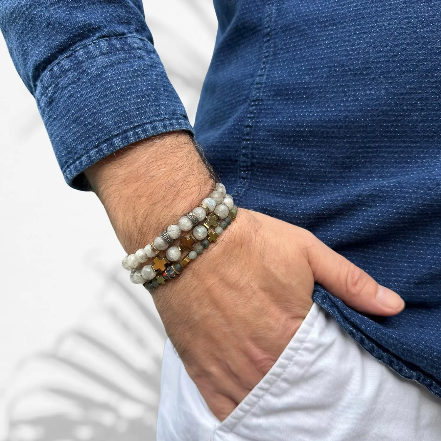 Labradorite & African Bloodstone Gold Cross Beaded Bracelet Set