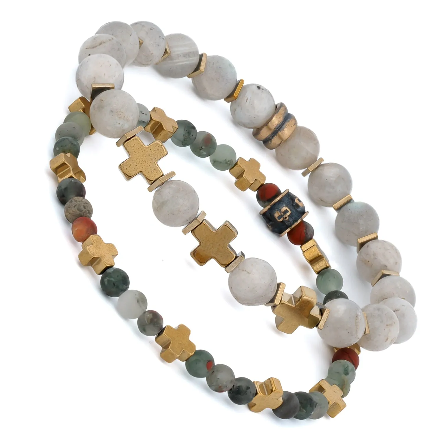 Labradorite & African Bloodstone Gold Cross Beaded Bracelet Set