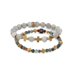 Labradorite & African Bloodstone Gold Cross Beaded Bracelet Set