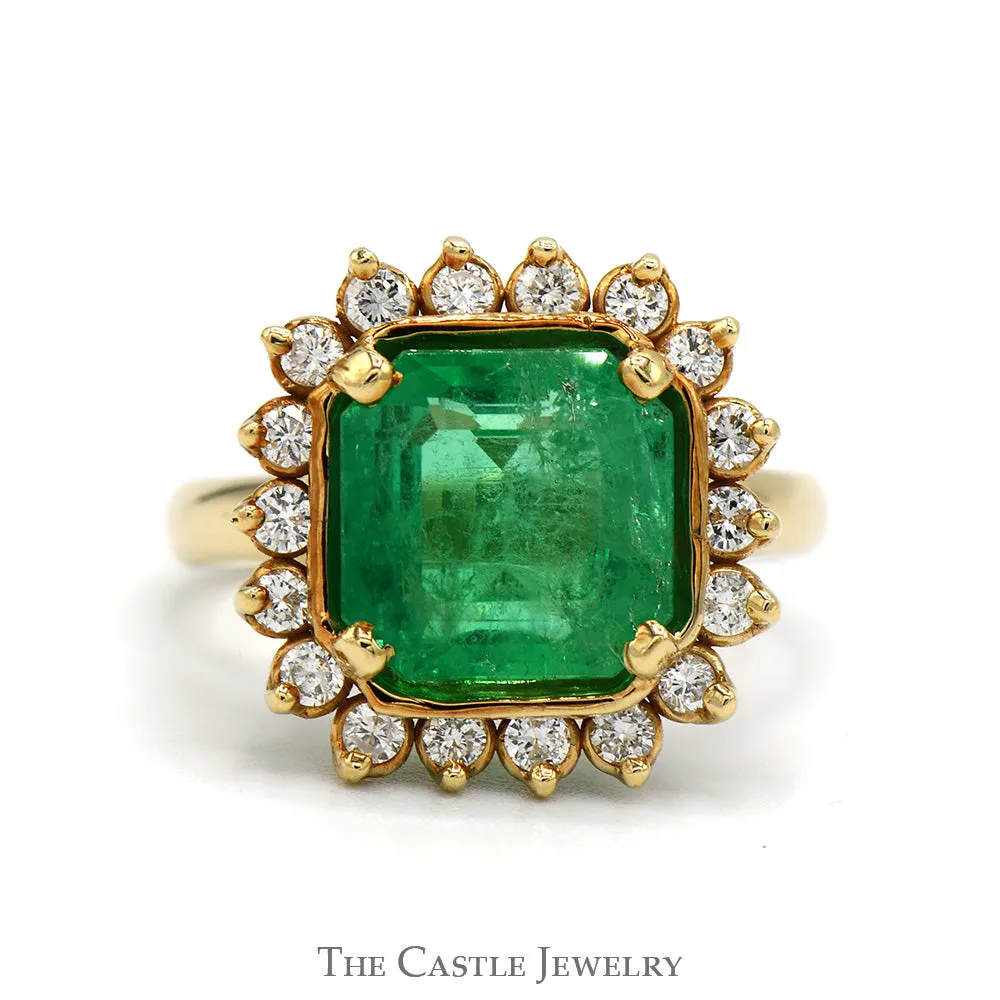 Large Cushion Cut Emerald Ring with Diamond Halo in 14k Yellow Gold