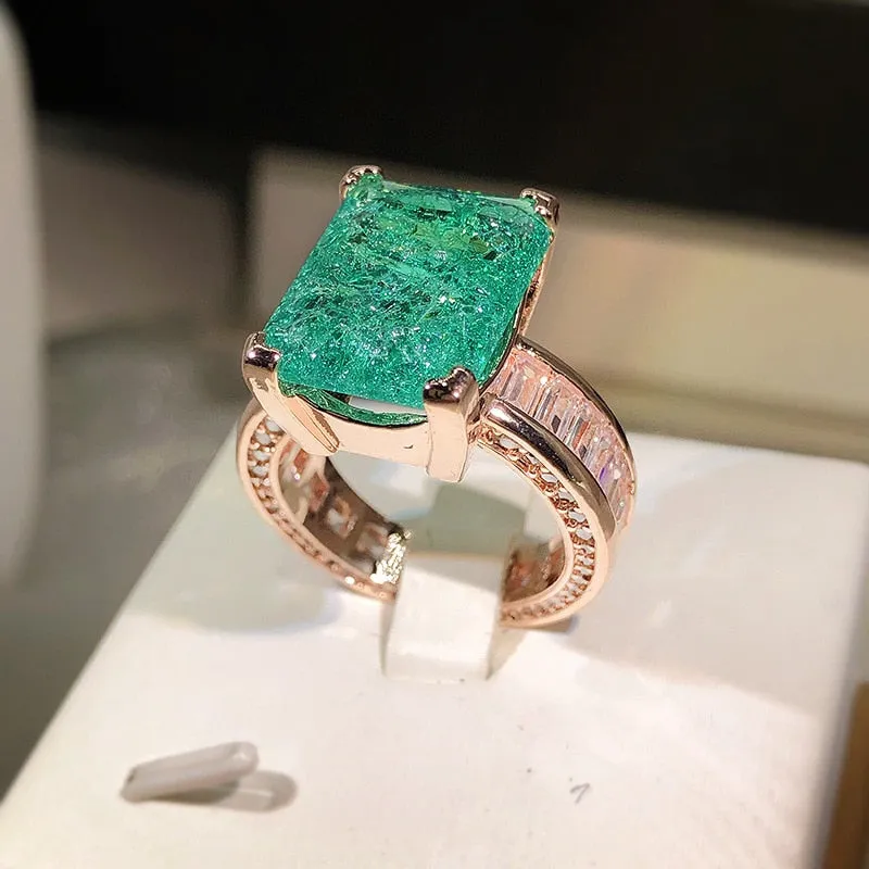 Luxury Green Emerald Full Zircon Ring For Women 18K Gold Engagement Jewelry