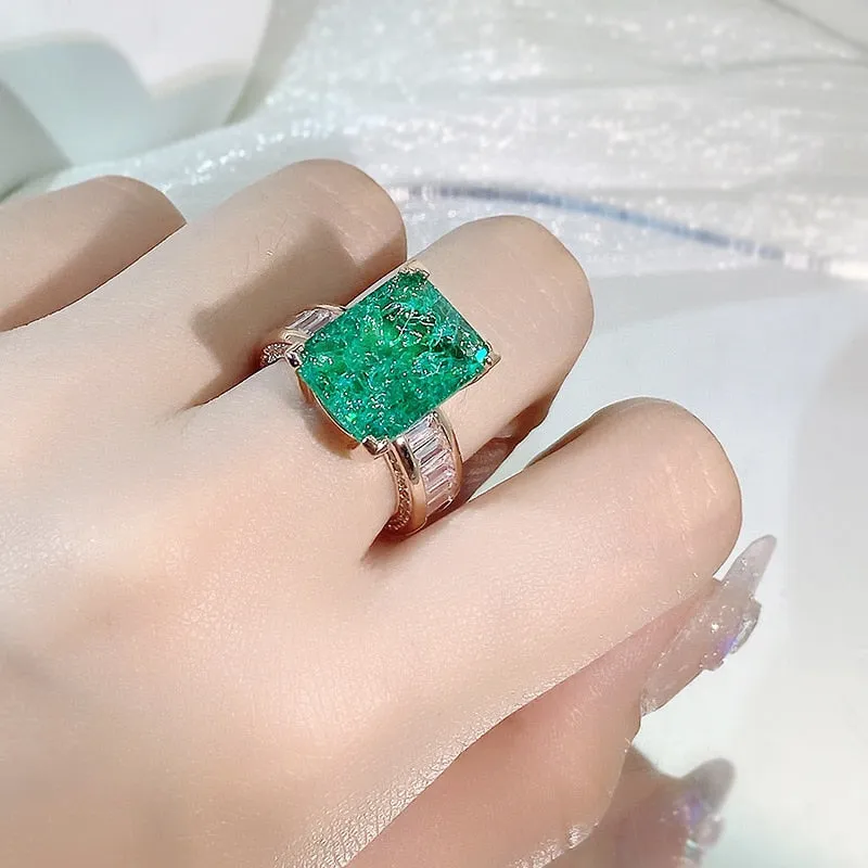 Luxury Green Emerald Full Zircon Ring For Women 18K Gold Engagement Jewelry