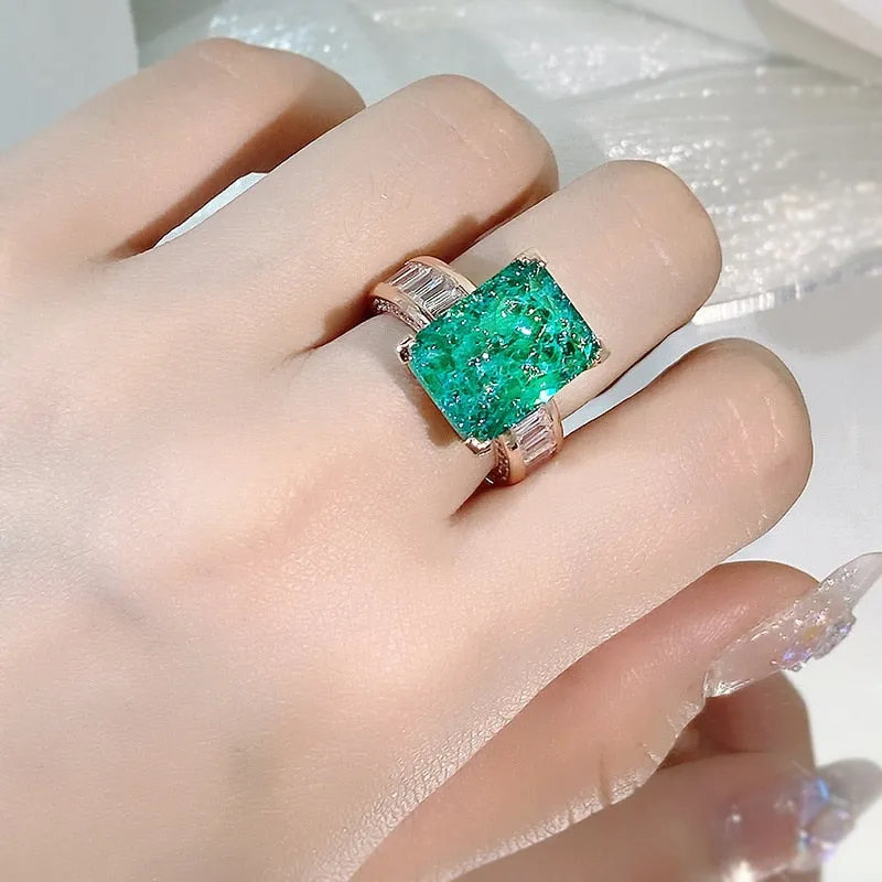 Luxury Green Emerald Full Zircon Ring For Women 18K Gold Engagement Jewelry