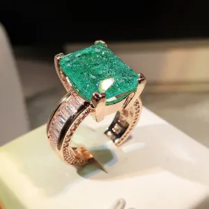 Luxury Green Emerald Full Zircon Ring For Women 18K Gold Engagement Jewelry