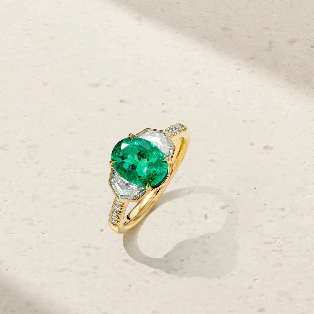 Mark Henry 18k Yellow Gold Silky Three Stone Colombian Emerald and Diamond Ring