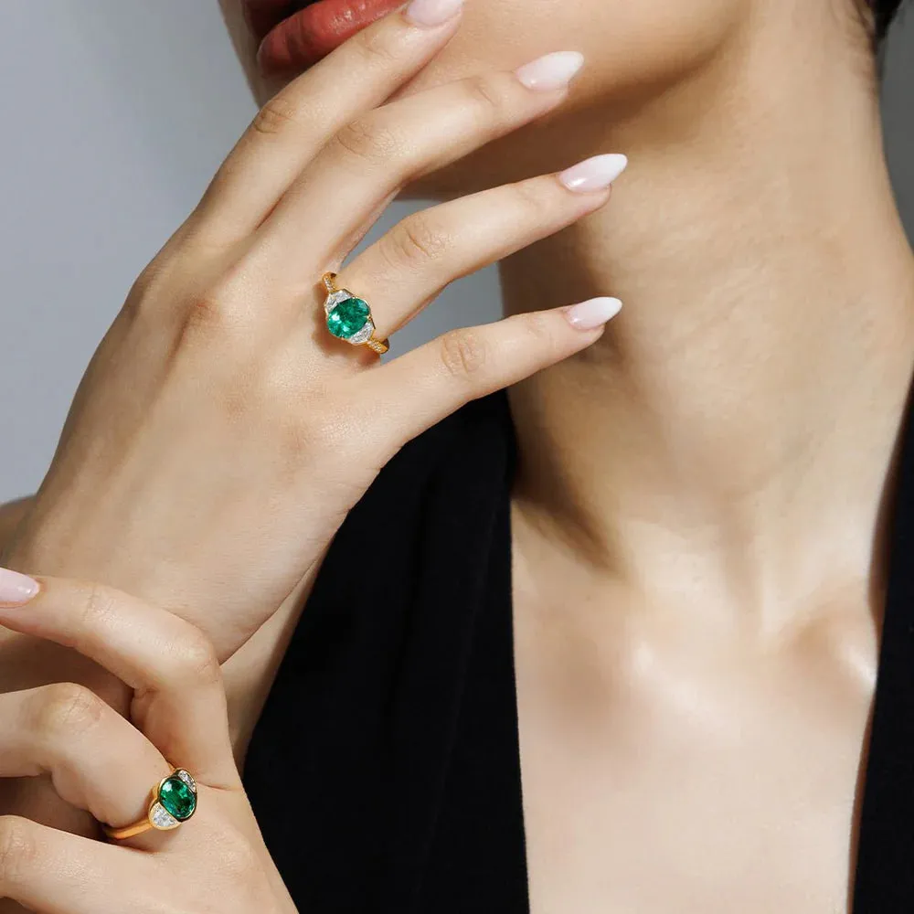 Mark Henry 18k Yellow Gold Silky Three Stone Colombian Emerald and Diamond Ring