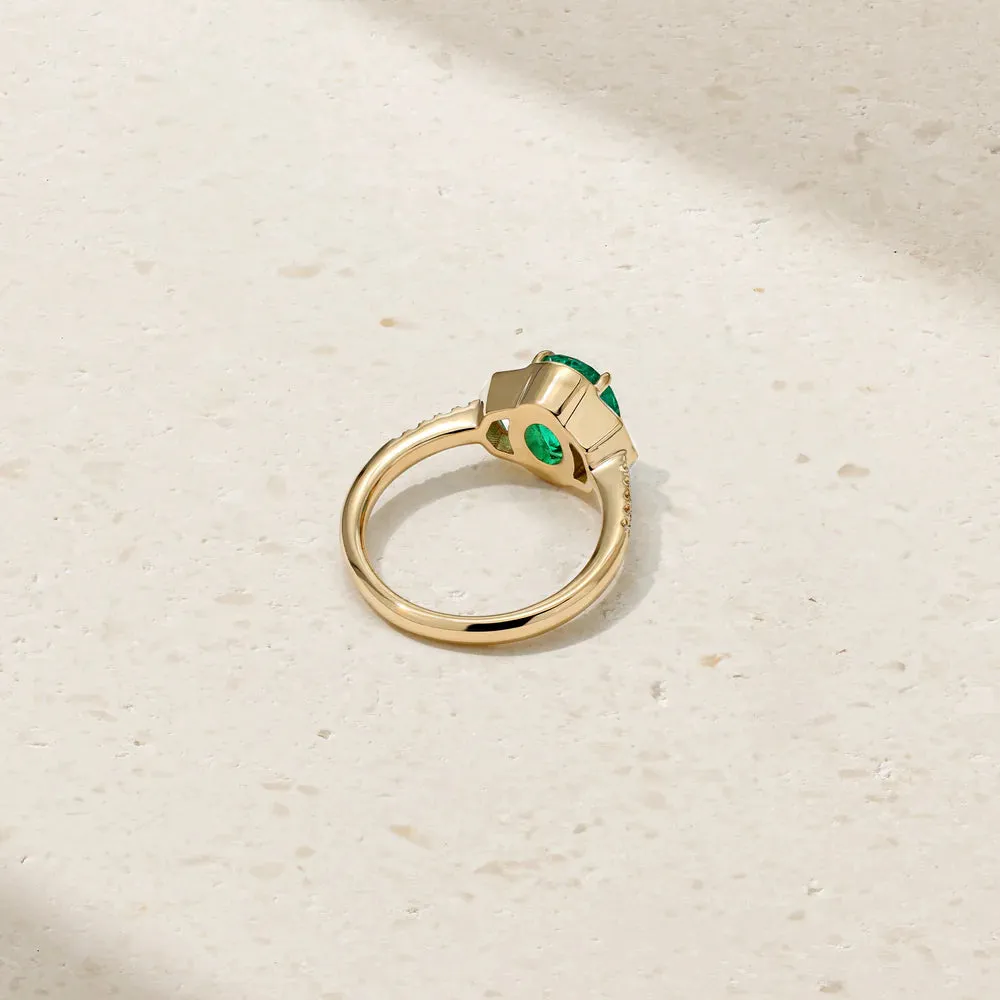 Mark Henry 18k Yellow Gold Silky Three Stone Colombian Emerald and Diamond Ring