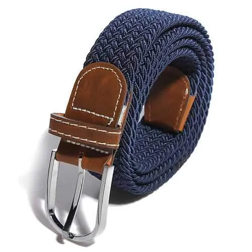 Men Women Stretch Braided Elastic Woven Leather Buckle Belt
