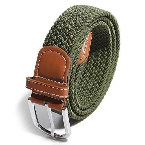 Men Women Stretch Braided Elastic Woven Leather Buckle Belt