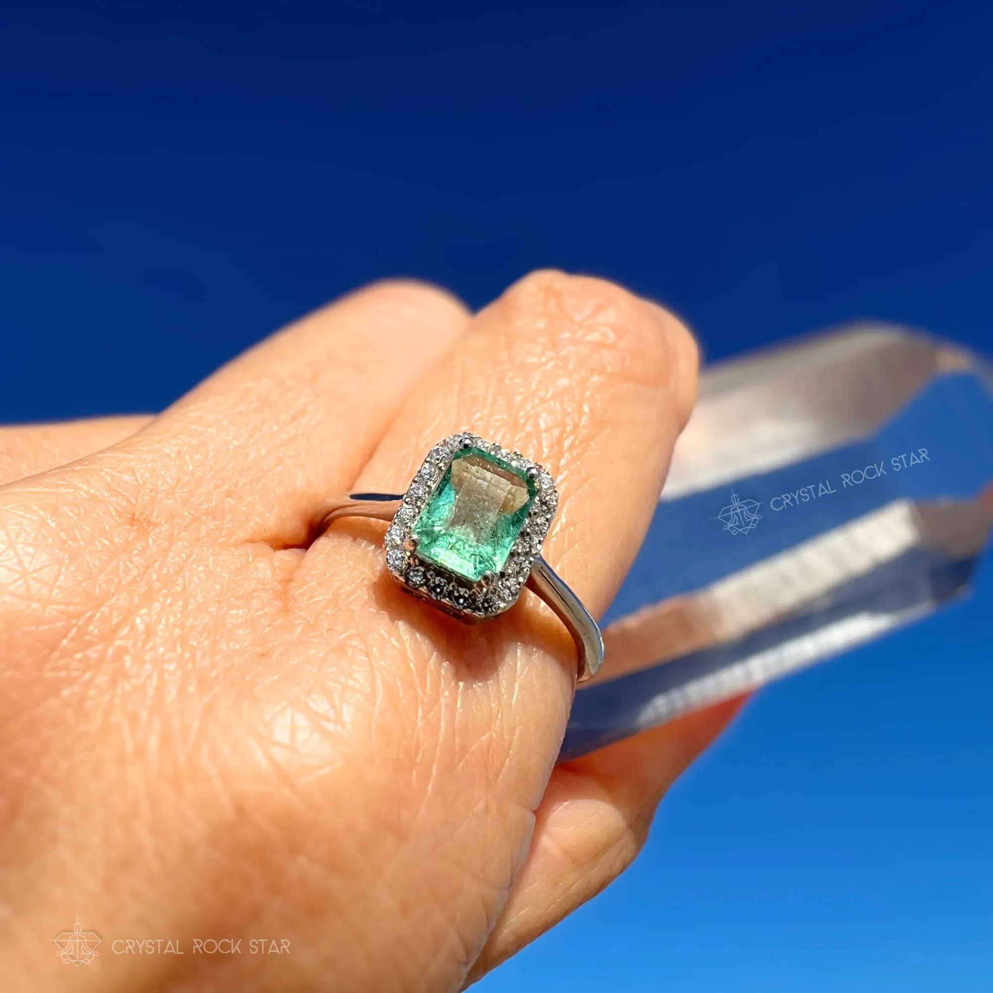 Natural Emerald Cut Halo Sterling Silver Ring Size 8