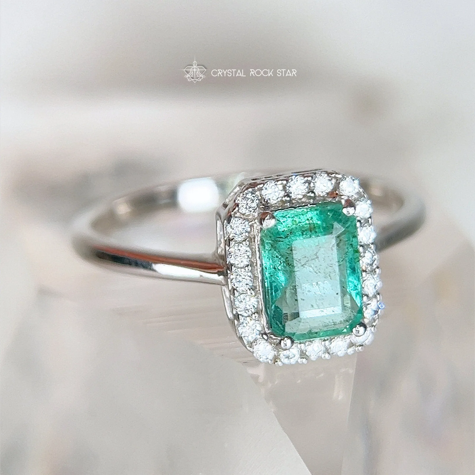 Natural Emerald Cut Halo Sterling Silver Ring Size 8