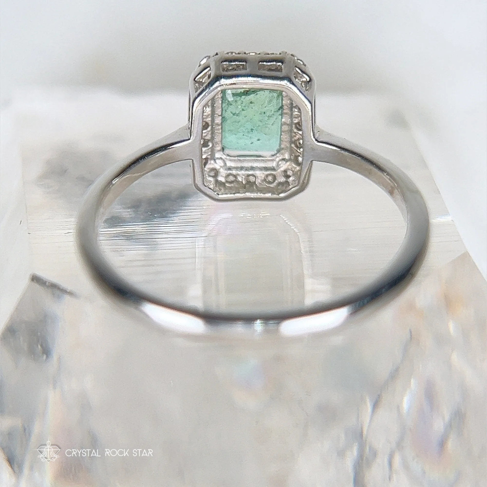 Natural Emerald Cut Halo Sterling Silver Ring Size 8