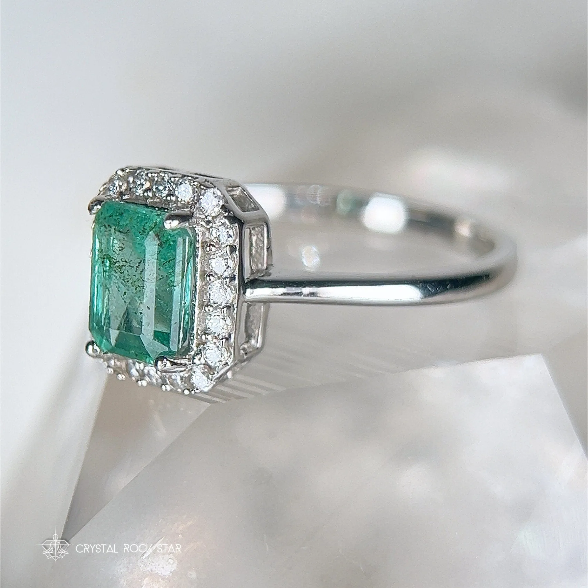 Natural Emerald Cut Halo Sterling Silver Ring Size 8
