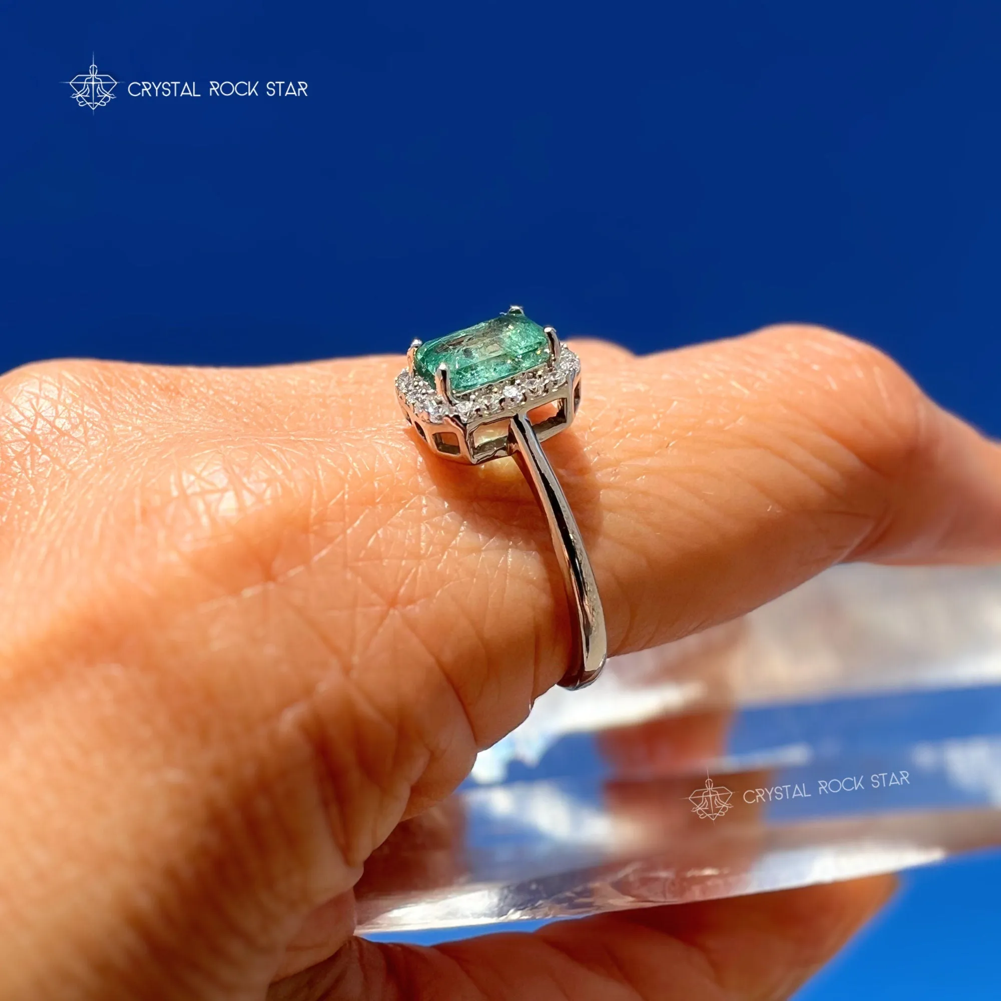 Natural Emerald Cut Halo Sterling Silver Ring Size 8