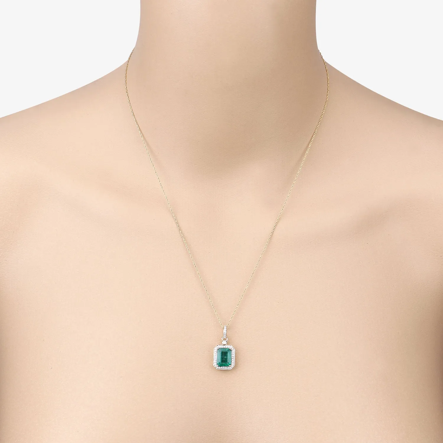 Natural Zambian Emerald White Diamond 14K Gold Halo Pendant