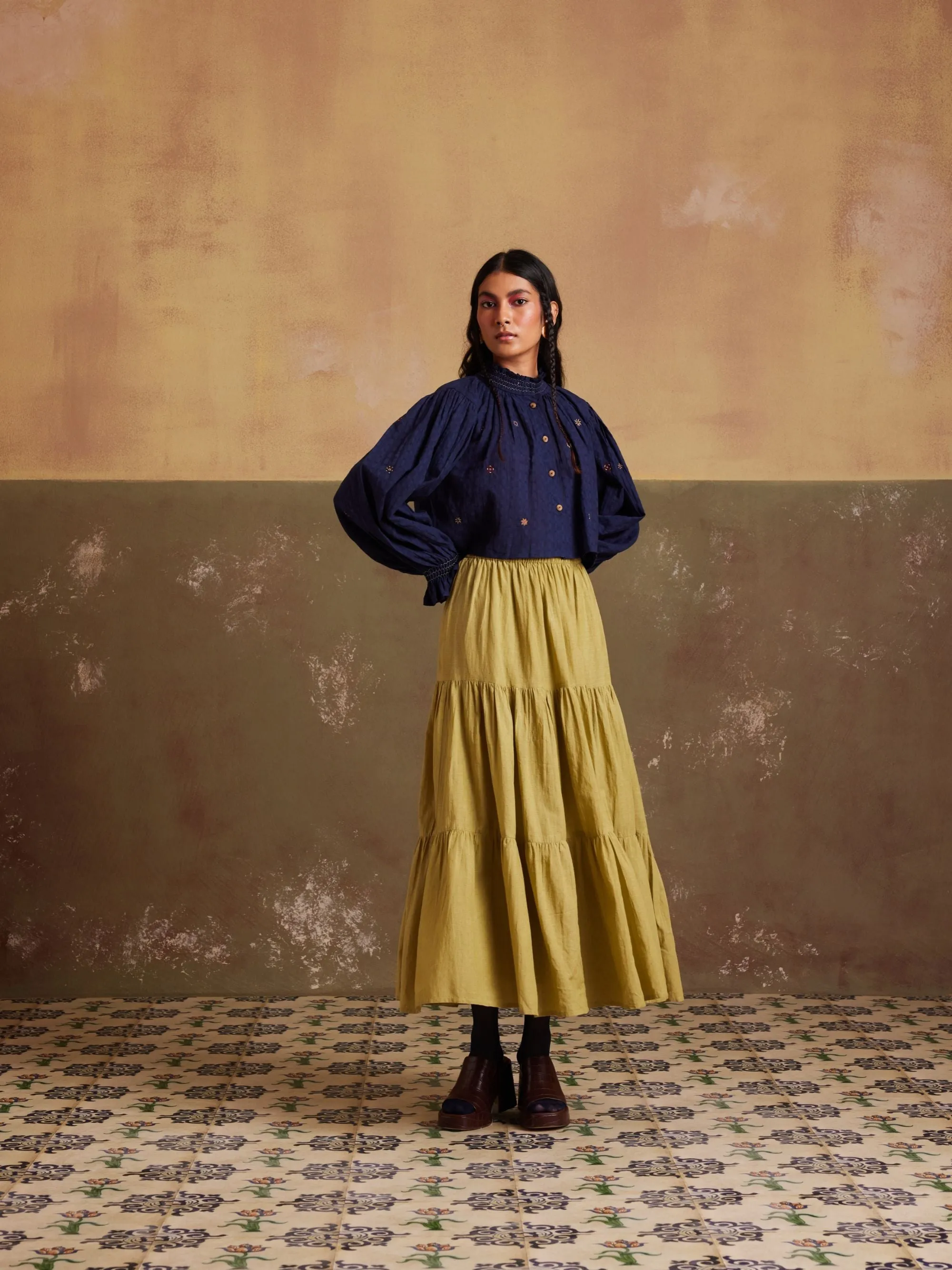New Season Summer Fall 24-Top Skirt Elsa Co-Ord Set Cotton Lime Indigo-SS24-ES-LIN-Fashion Edit Cord Studio