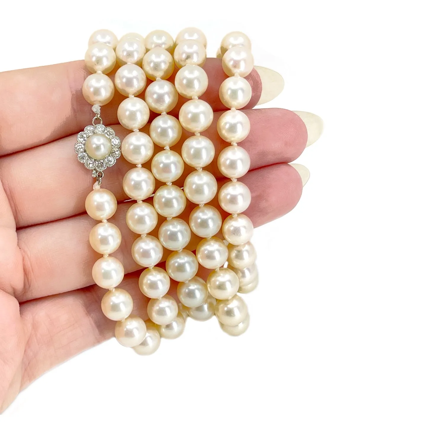 Old European Diamond Opera Japanese Saltwater Akoya Cultured Pearl Strand - 14K White Gold 34.50 Inch