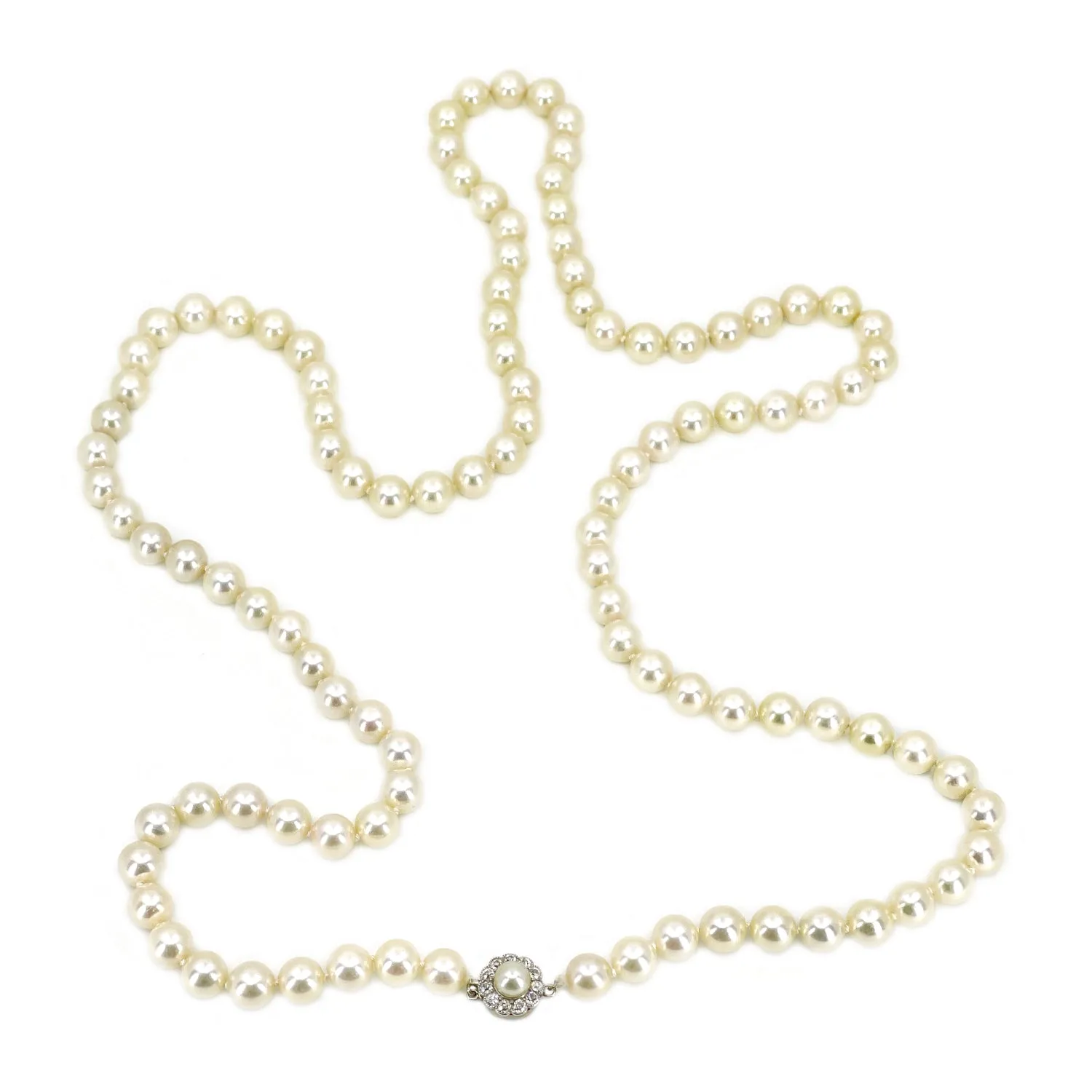 Old European Diamond Opera Japanese Saltwater Akoya Cultured Pearl Strand - 14K White Gold 34.50 Inch
