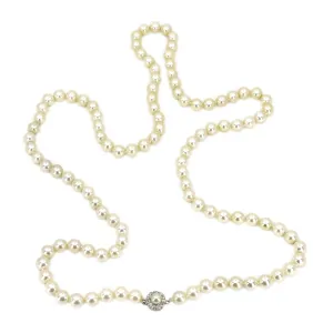 Old European Diamond Opera Japanese Saltwater Akoya Cultured Pearl Strand - 14K White Gold 34.50 Inch
