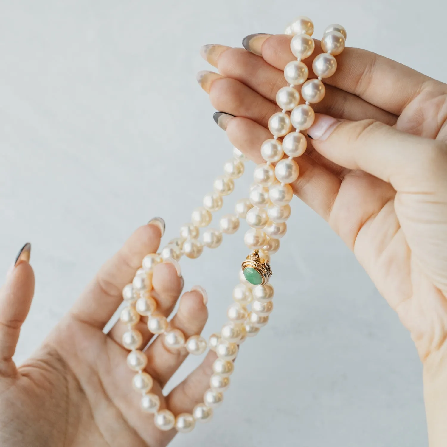 Opera Length Akoya Pearl Strand with Jadeite Clasp
