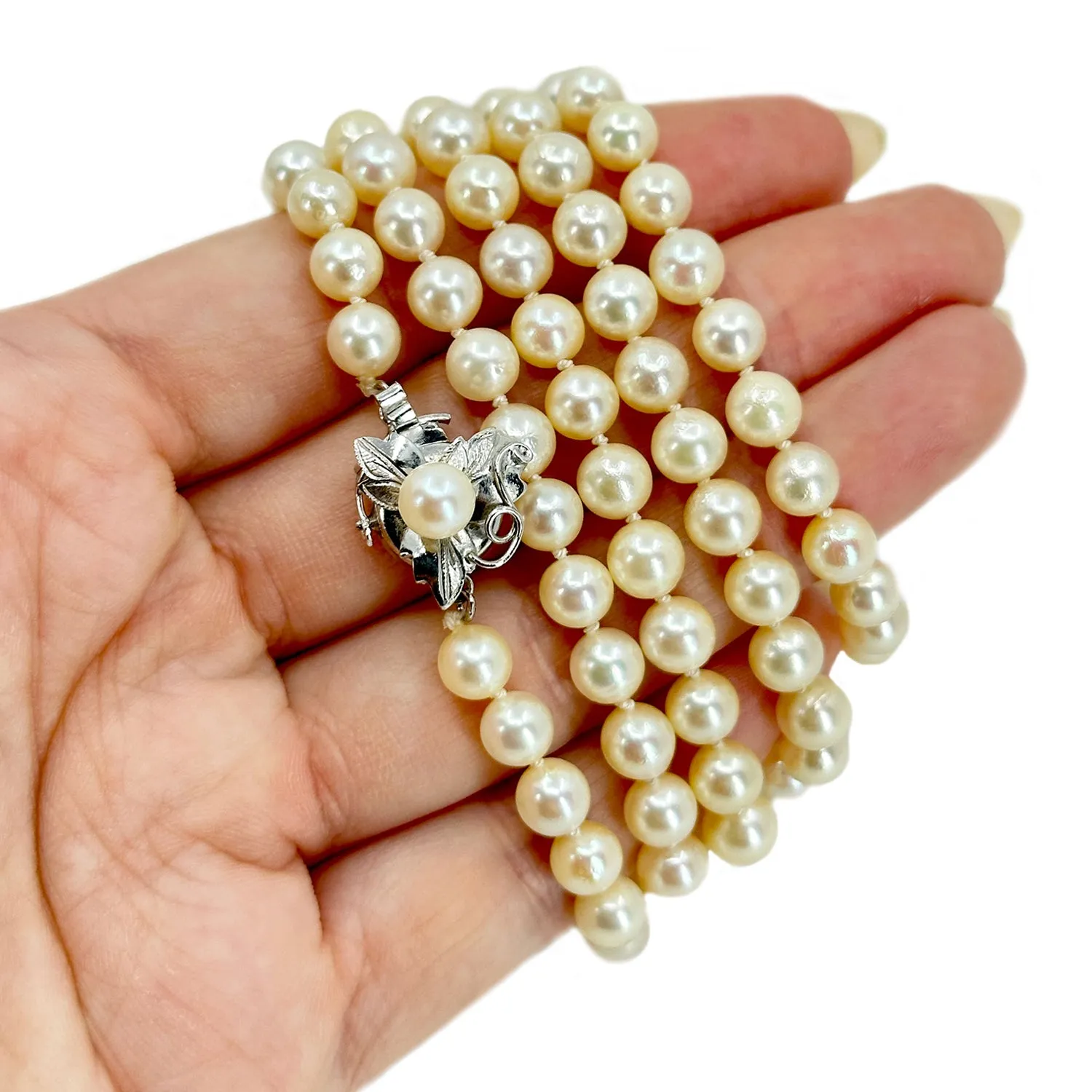 Opera Length Mid-Century Japanese Saltwater Cultured Akoya Pearl Vintage Necklace - Sterling Silver 33 Inch