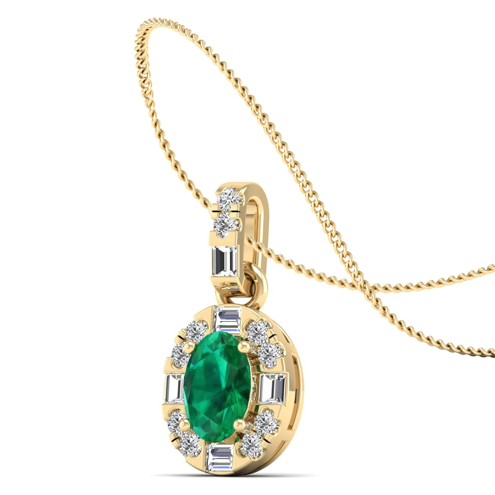 Oval Emerald Halo Baguette and Round Diamond Pendant