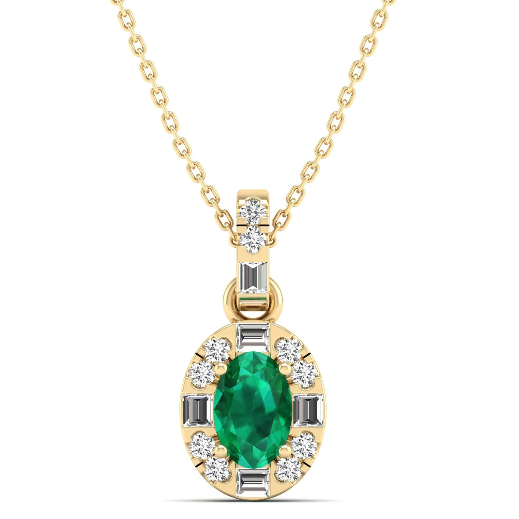 Oval Emerald Halo Baguette and Round Diamond Pendant