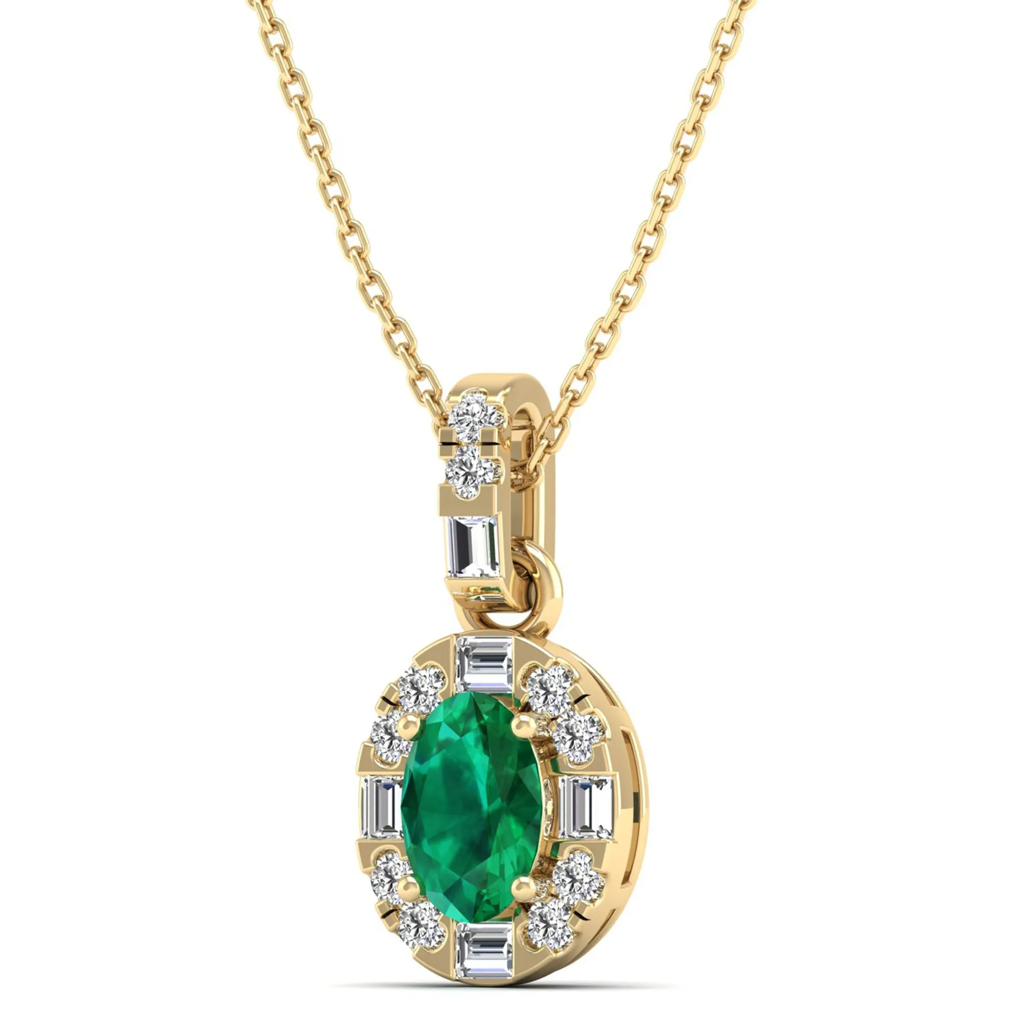 Oval Emerald Halo Baguette and Round Diamond Pendant