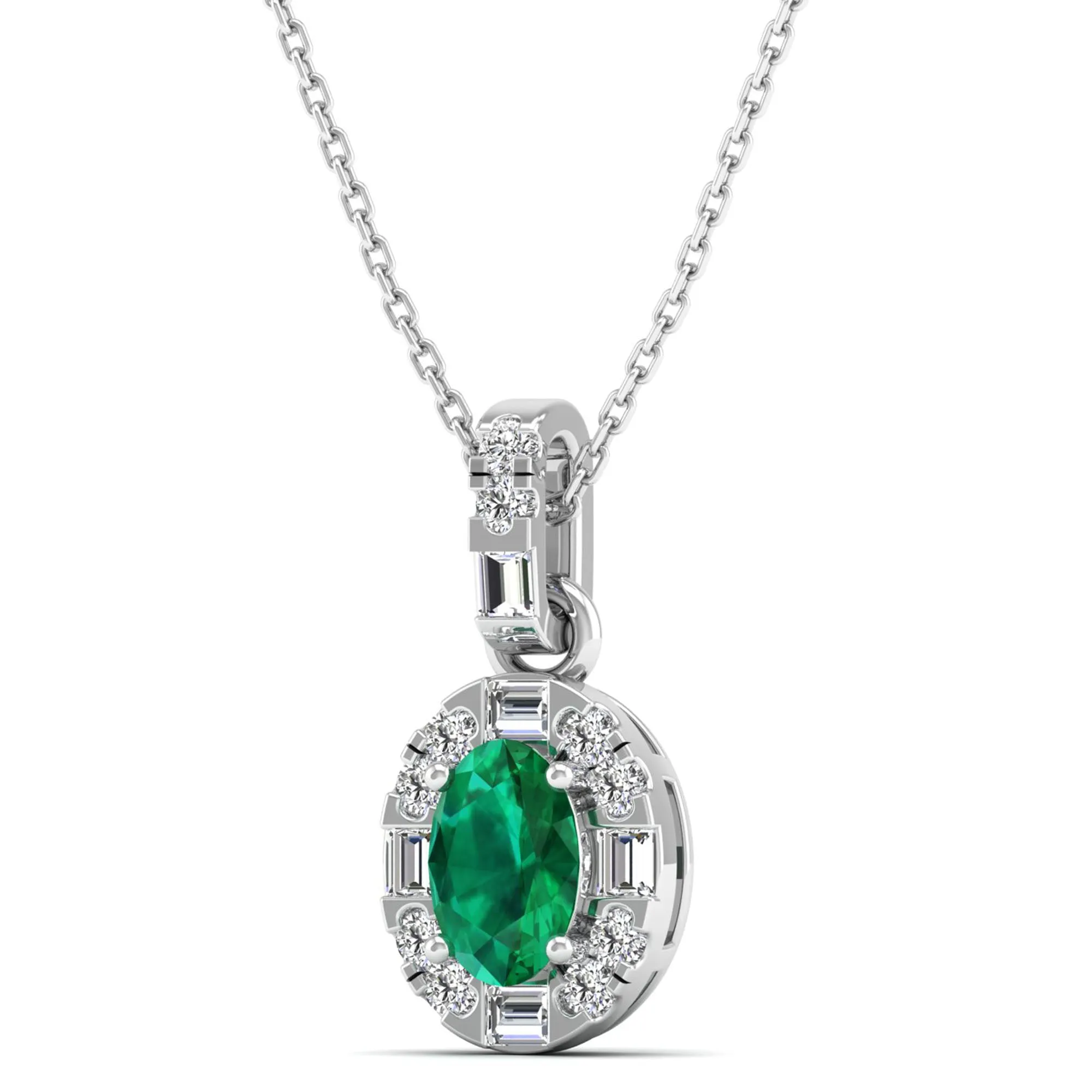 Oval Emerald Halo Baguette and Round Diamond Pendant